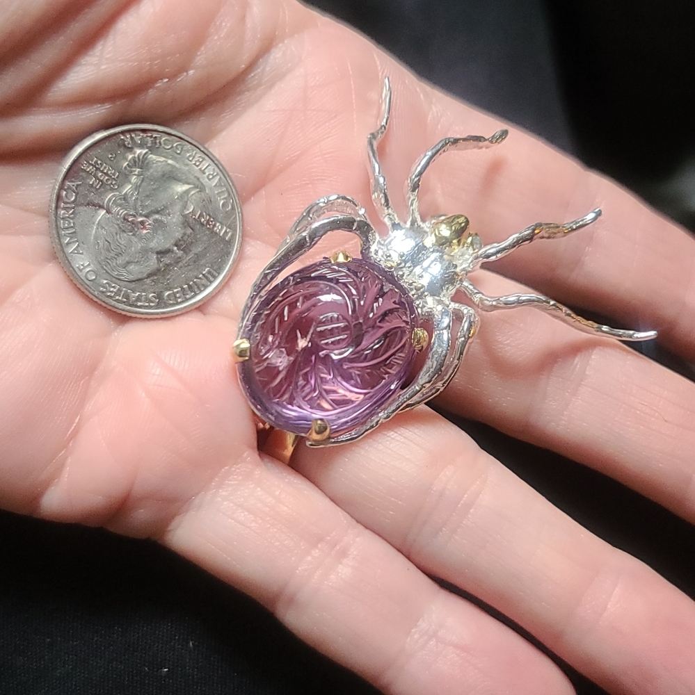 Large handcarved Amethyst & Sapphire Sterling & Gold Spider 🕷 brooch - Picture 5 of 8